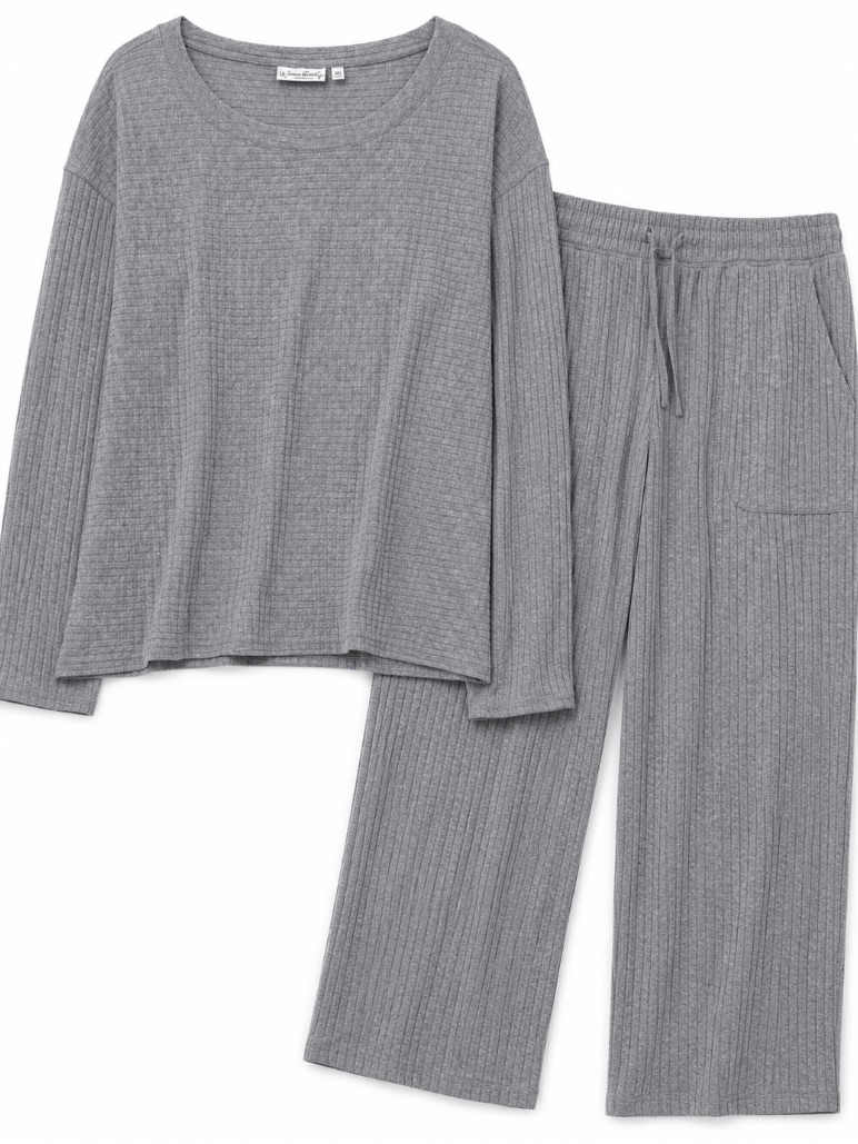 Wonderly Grey Ribbed Women's Pajama Set Xl Top L Bottom